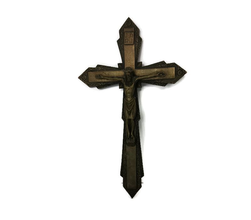 Vintage Ornate Brass  Wall Hanging Crucifix French Large Ayez Pitie De Nous