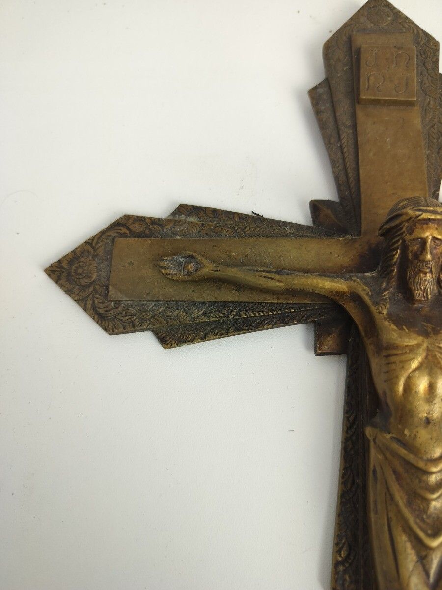 Vintage Ornate Brass  Wall Hanging Crucifix French Large Ayez Pitie De Nous photo 121.0