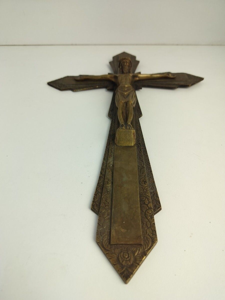 Vintage Ornate Brass  Wall Hanging Crucifix French Large Ayez Pitie De Nous photo vinterior