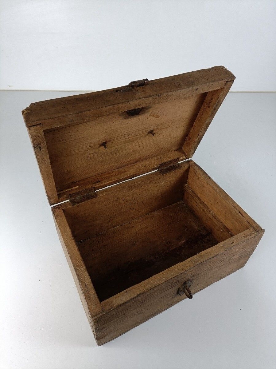 19th Century Wooden French Small Hope Chest Trunk Trinket Jewelry Box Metal Trim photo vintage