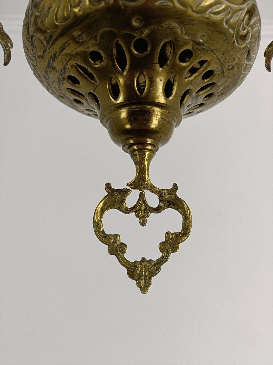 Lampe Belge Antique Chandelier Opaline Glass Shade Ornate Brass  1 Light Art Dec photo buy