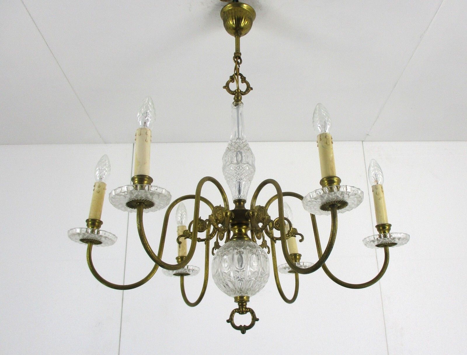 Flemish Dutch Chandelier 6 Arm Lights Brass Glass Ball Bobeches Country Style photo 427.0