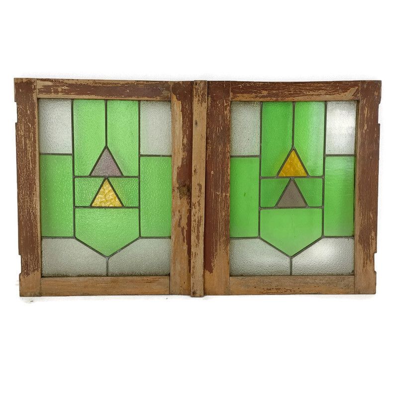 Pair Antique Leaded Glass Hand Carved Wooden Door Panels Reclaimed Architectural