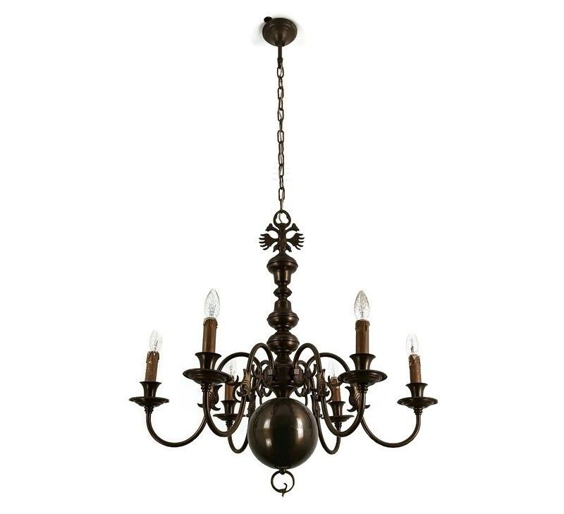 Vintage Dutch Flemish Chandelier Brass Eagles Fish 6 Lights  Farmhouse Style