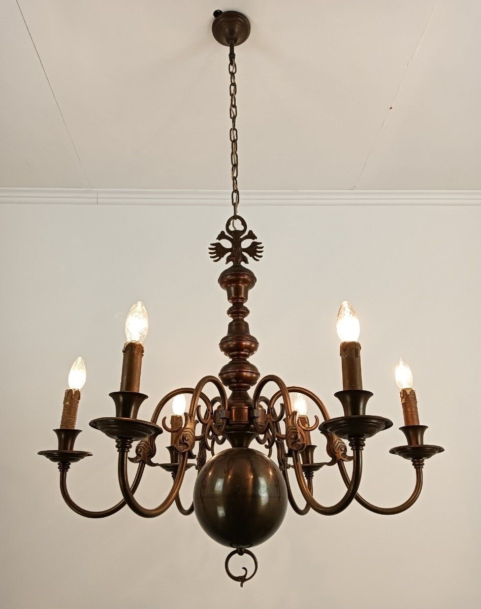 Vintage Dutch Flemish Chandelier Brass Eagles Fish 6 Lights  Farmhouse Style photo furniture