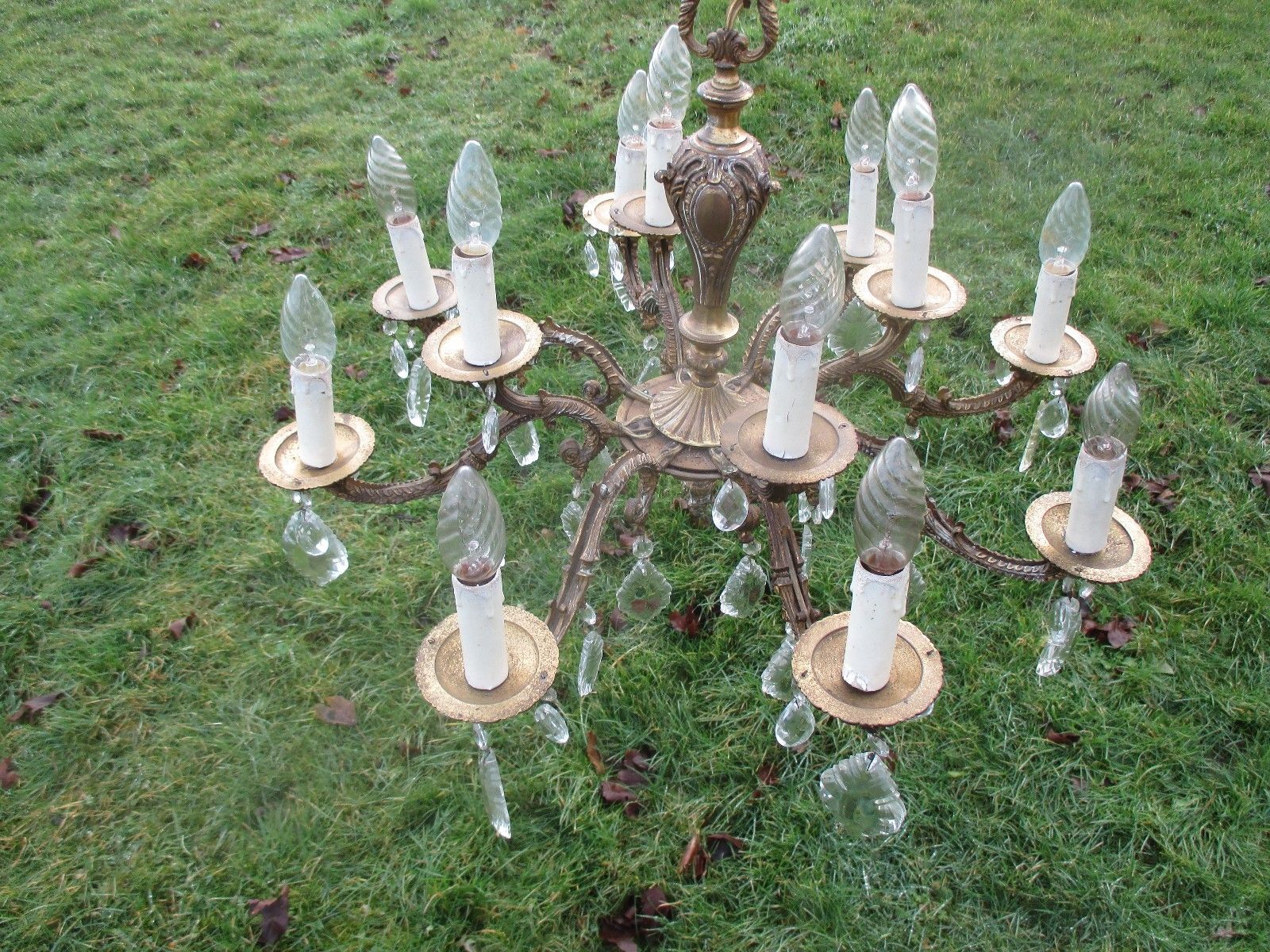 Vintage French Empire Style Chandelier Lamp  Prisms Brass 8 Arm 12 Lights photo vinterior