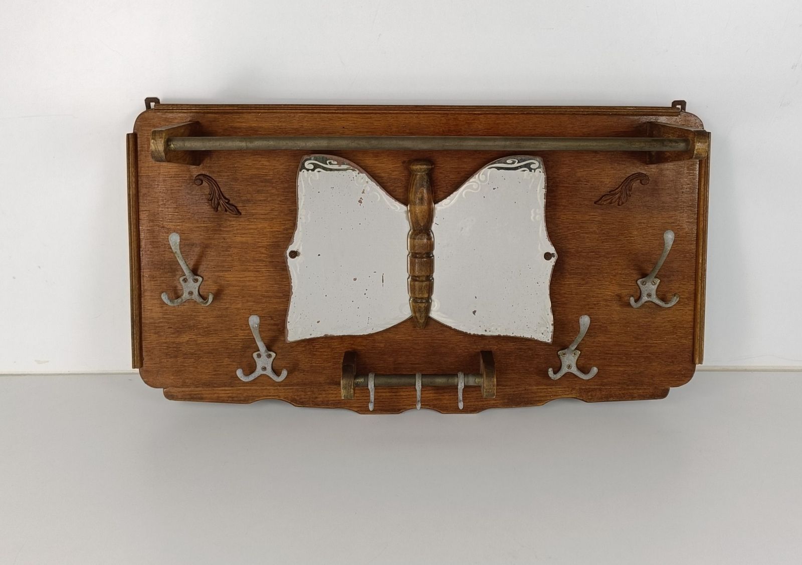 Carved Wood Coat Hat Rack Butterfly  Glass Mirror Art Deco  Antique Lovely photo furniture