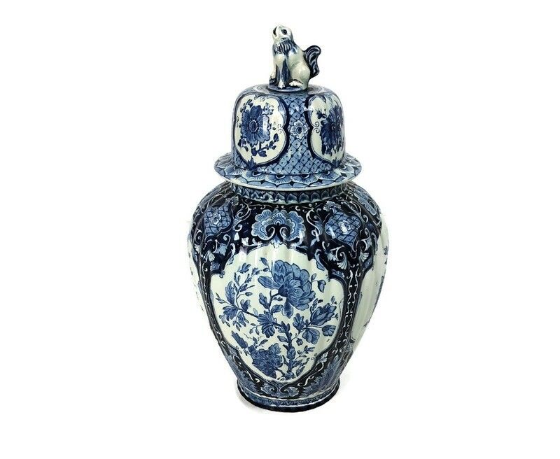 Royal Sphinx Maastricht Marked Delft Vase Urn Blue White Foo Dog  Medium Height