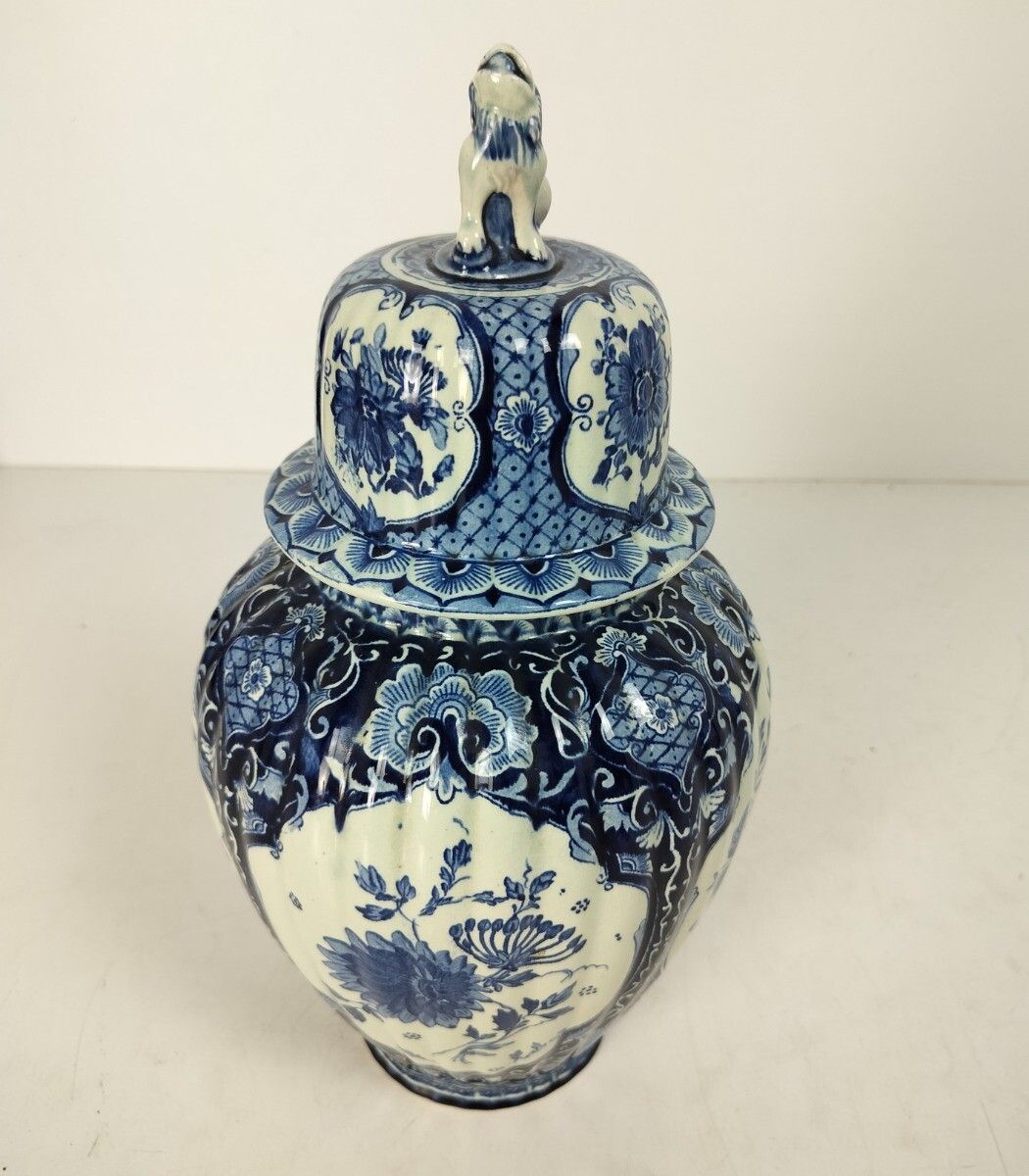 Royal Sphinx Maastricht Marked Delft Vase Urn Blue White Foo Dog  Medium Height photo vintage