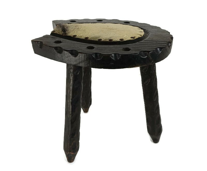 Spanish Milking Stool Table Pedestal Plant Bonsai Stand  Carved Wood Horseshoe