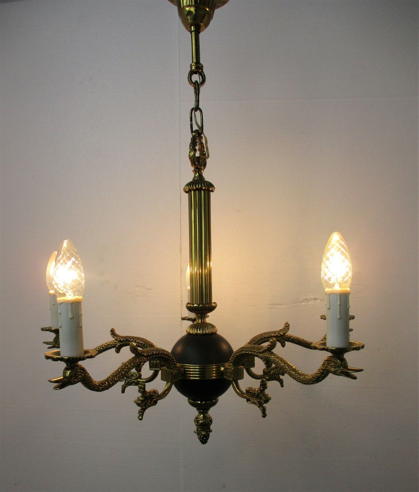 French Empire Pan Chandelier Green Tole Brass 5 Arms Hollywood Regency Ducks Htf photo for sale