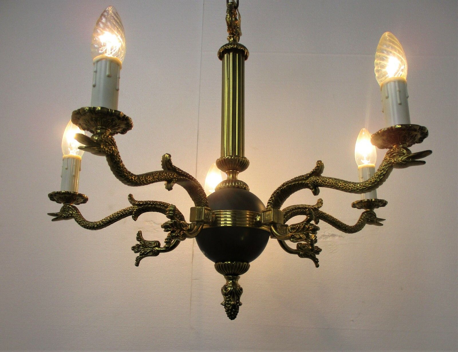 French Empire Pan Chandelier Green Tole Brass 5 Arms Hollywood Regency Ducks Htf photo buy