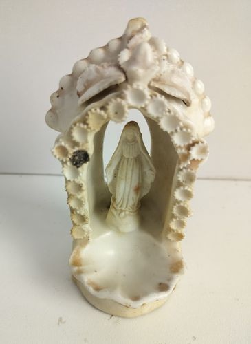 Antique Rare Standing Holy Water Font Vessel Our Lady Madonna Virgin Mary Bisque photo for sale