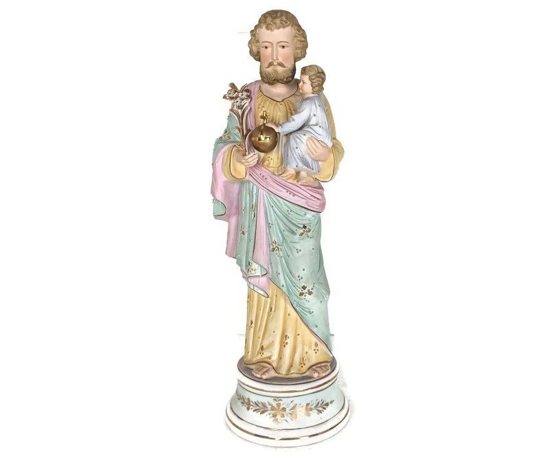 Antique Porcelain Bisque Statue Saint Joseph And Infant Jesus Protector Of Homes