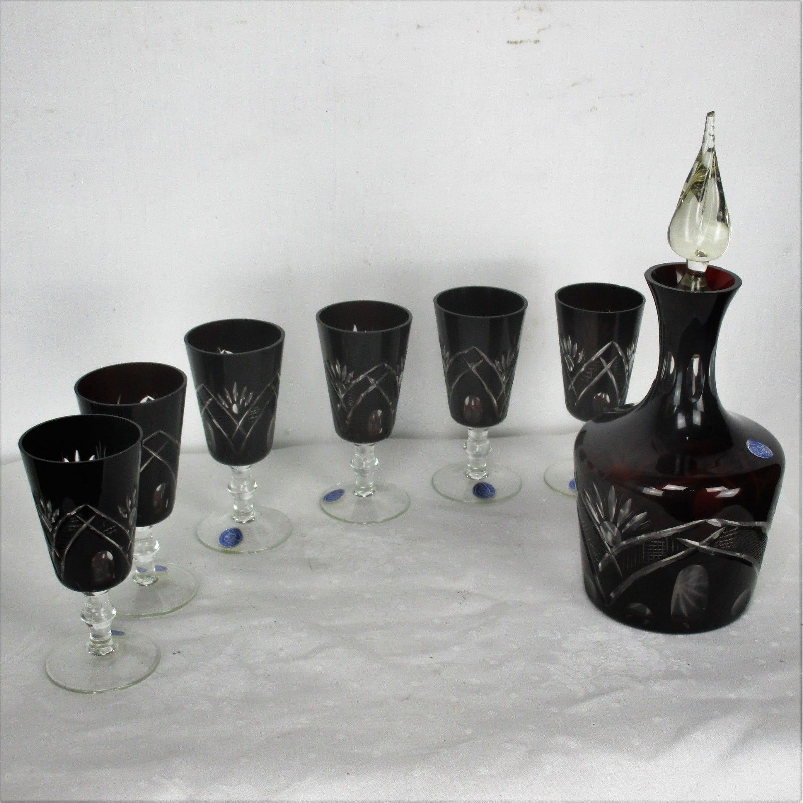 Crystal Decanter Set With 6 Shot Glasses Amethyst Cut To Clear Buzau Perla Lux photo furniture