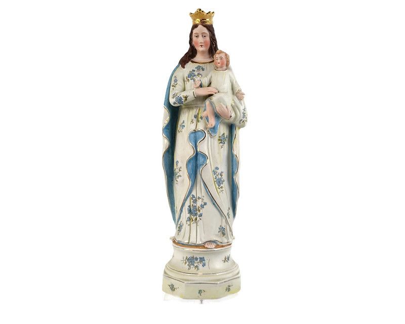 Bisque Porcelain Antique Statue Virgin Mary Madonna With Infant Child Pastel Blu