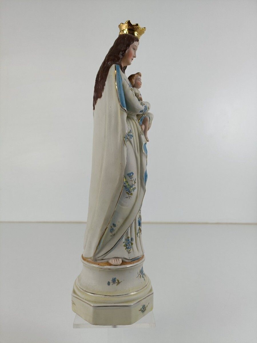 Bisque Porcelain Antique Statue Virgin Mary Madonna With Infant Child Pastel Blu photo 162.0
