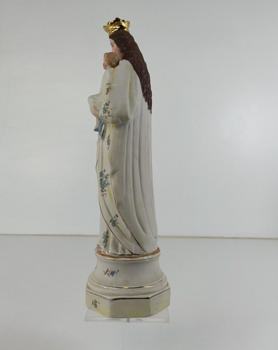 photo furniture Bisque Porcelain Antique Statue Virgin Mary Madonna With Infant Child Pastel Blu