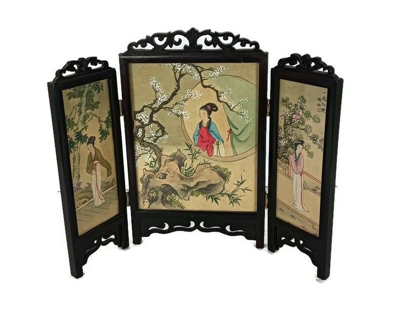 Chinese Small Triptych Vintage Wood Chinese Prints Dollhouse Miniature Screen