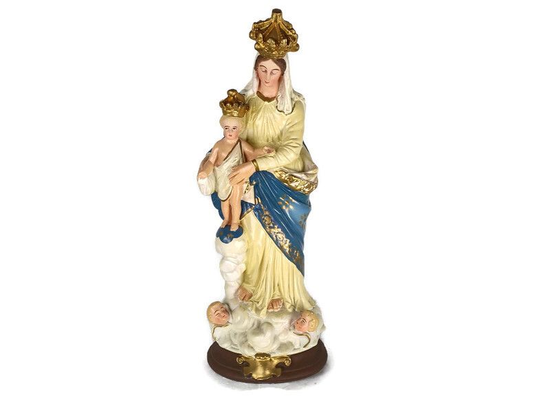 Antique Neo Gothic Statue Plaster Polychrome Our Lady Of Victory With Infant Ang