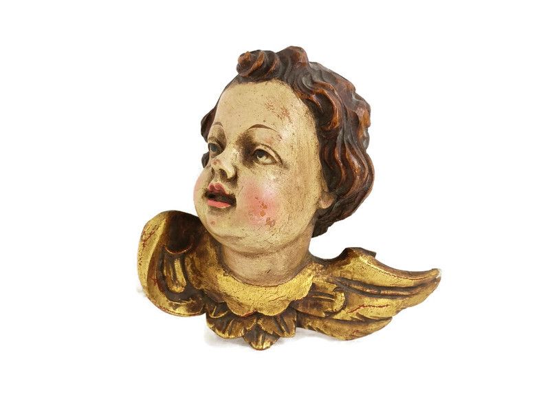 Angel Sculpture  Italian Wood Carving Statue Wooden Archangel Figure Wallhangi