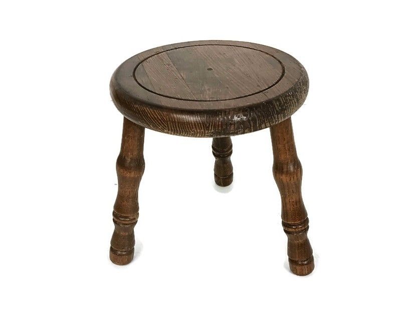 Small Vintage Carved Wooden Milking Farmers Stool Side Table Plant Stand Barn St