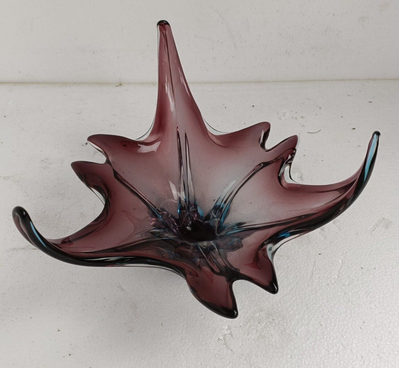 Gorgeous Bowl Dish Centerpiece Cranberry Blue Art Glass Murano Italy Modernist photo for sale