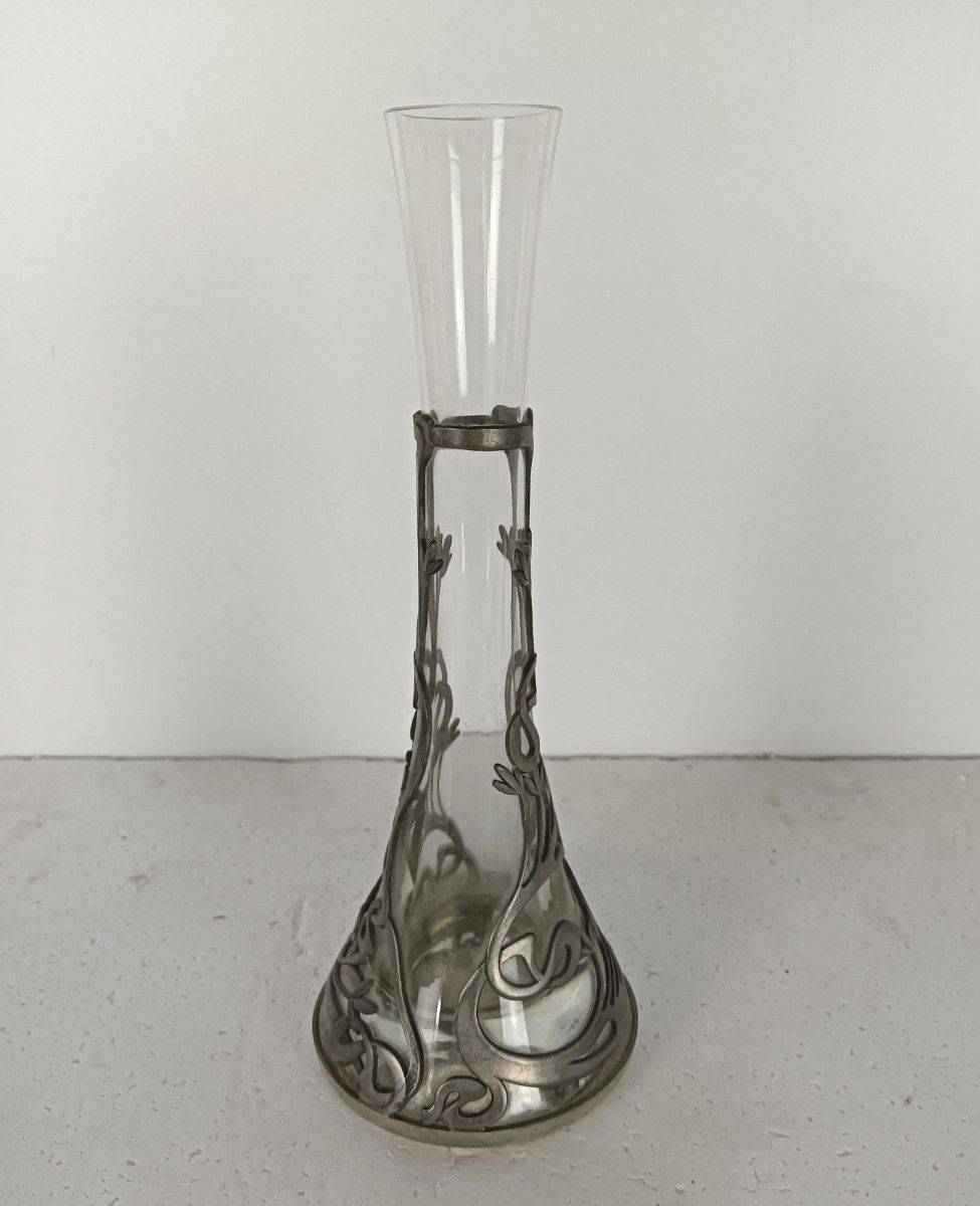 Art Deco Vase Glass Etain Tin Belgium Marked Potstainiers Beautiful photo vintage