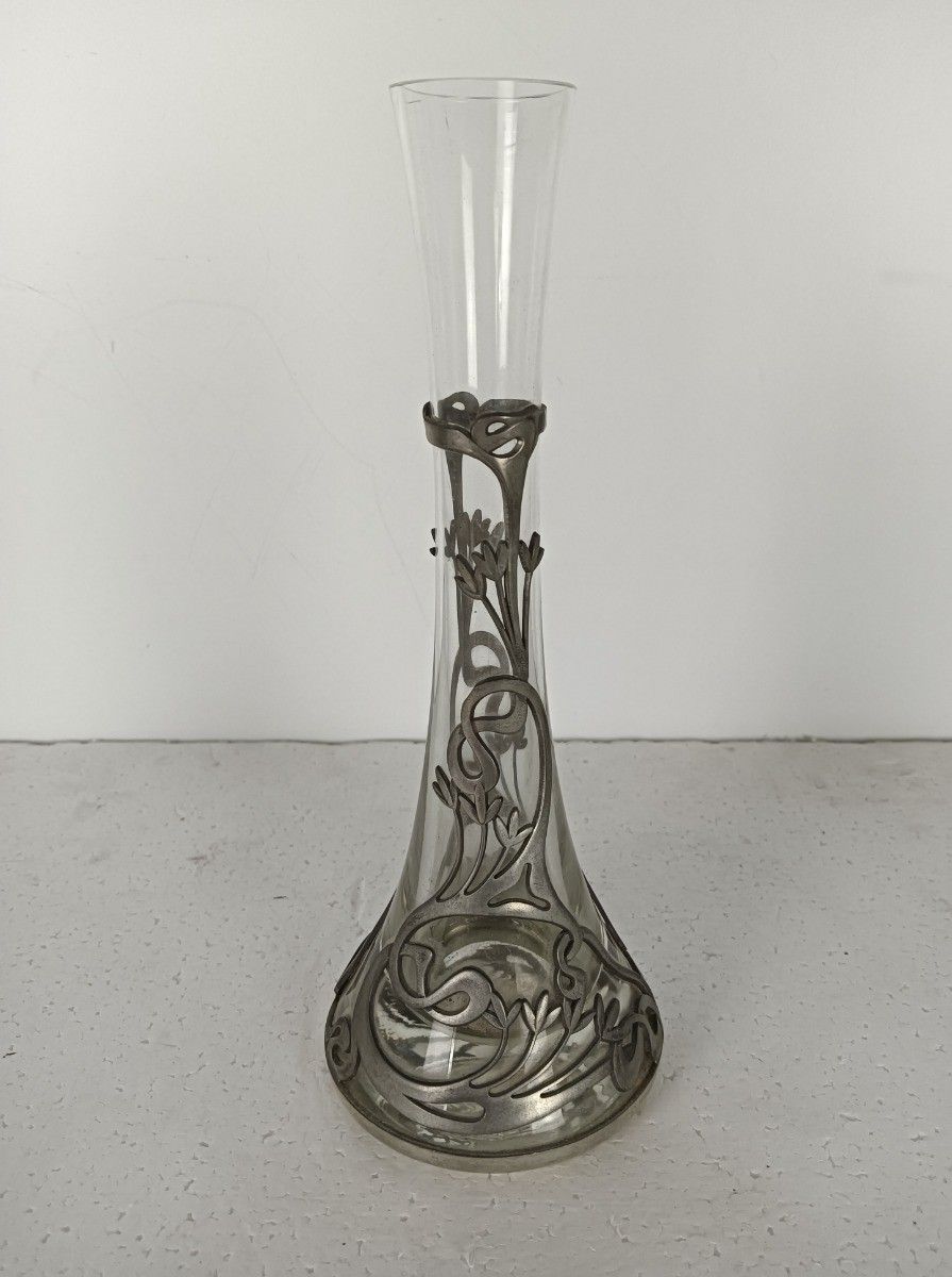 photo for sale Art Deco Vase Glass Etain Tin Belgium Marked Potstainiers Beautiful