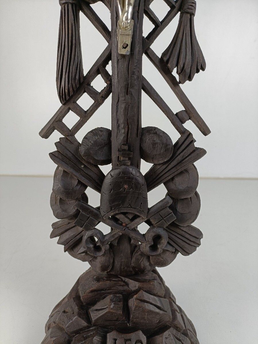 Standing Crucifix Wood Spelter Corpus Hand Carved Tools Of Passion Vintage Jesus photo vinterior
