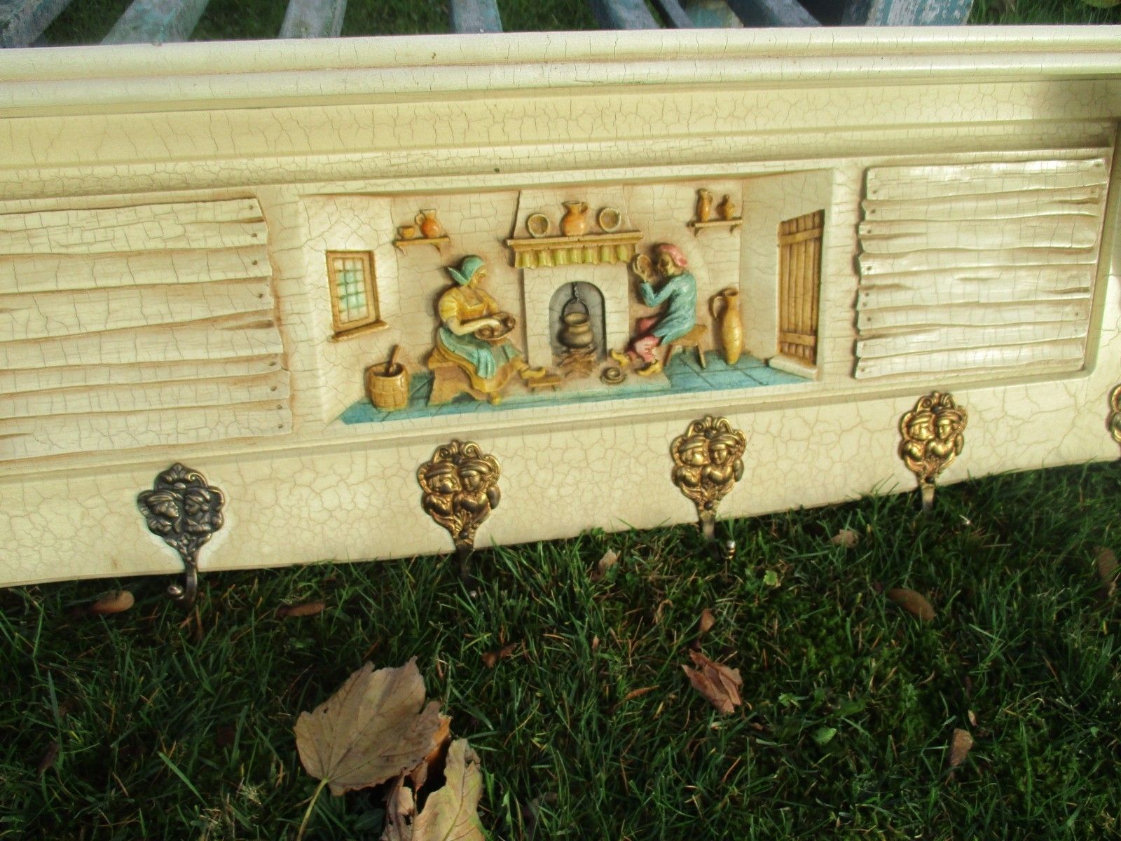 Vintage French Provincial Wooden Coat Hat Rack Farmer Fireplace Crackled Beige photo Furniture