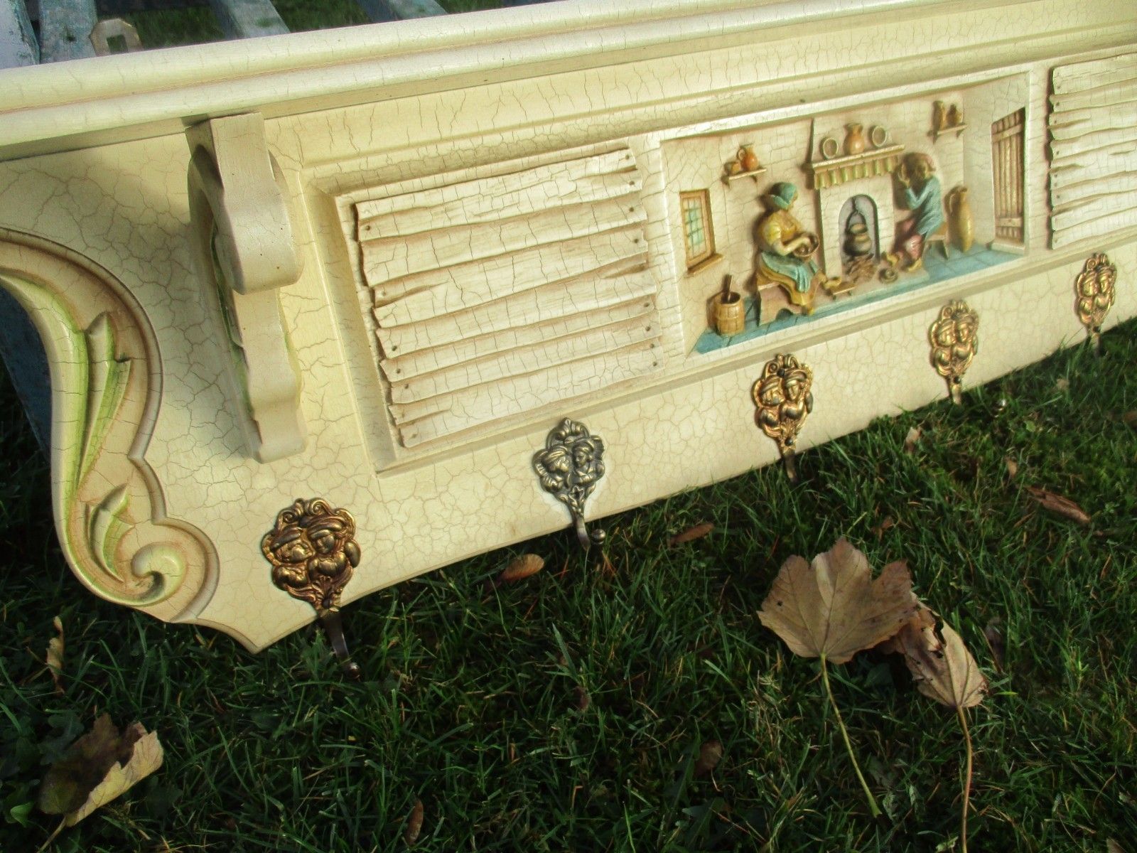 Vintage French Provincial Wooden Coat Hat Rack Farmer Fireplace Crackled Beige photo 148.0
