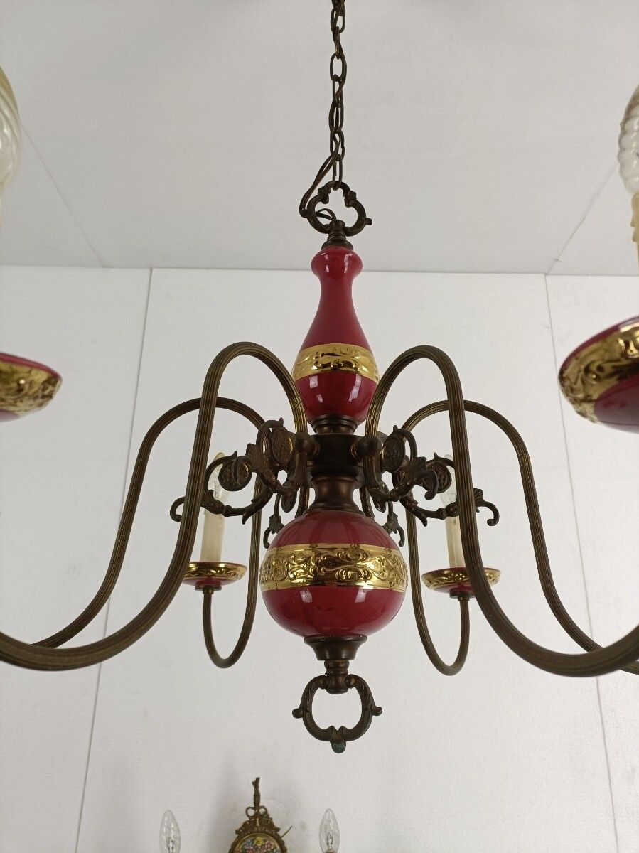 Vintage Chandelier 6 Arm Lights Porcelain Bordeaux Gold Italian Lovely photo 303.0