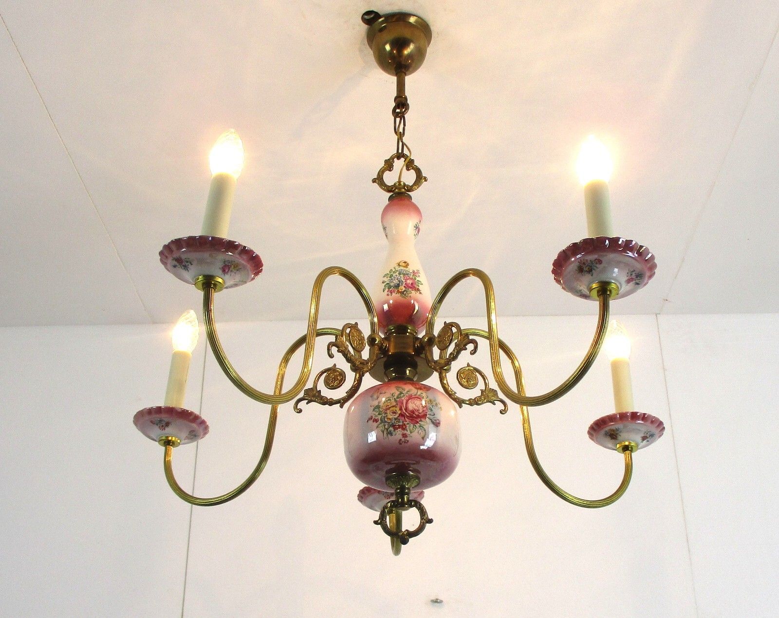 Chandelier 5 Arms Lights Ceramic Porcelain Ceramic Brass Italian Pink  Flowers photo furniture
