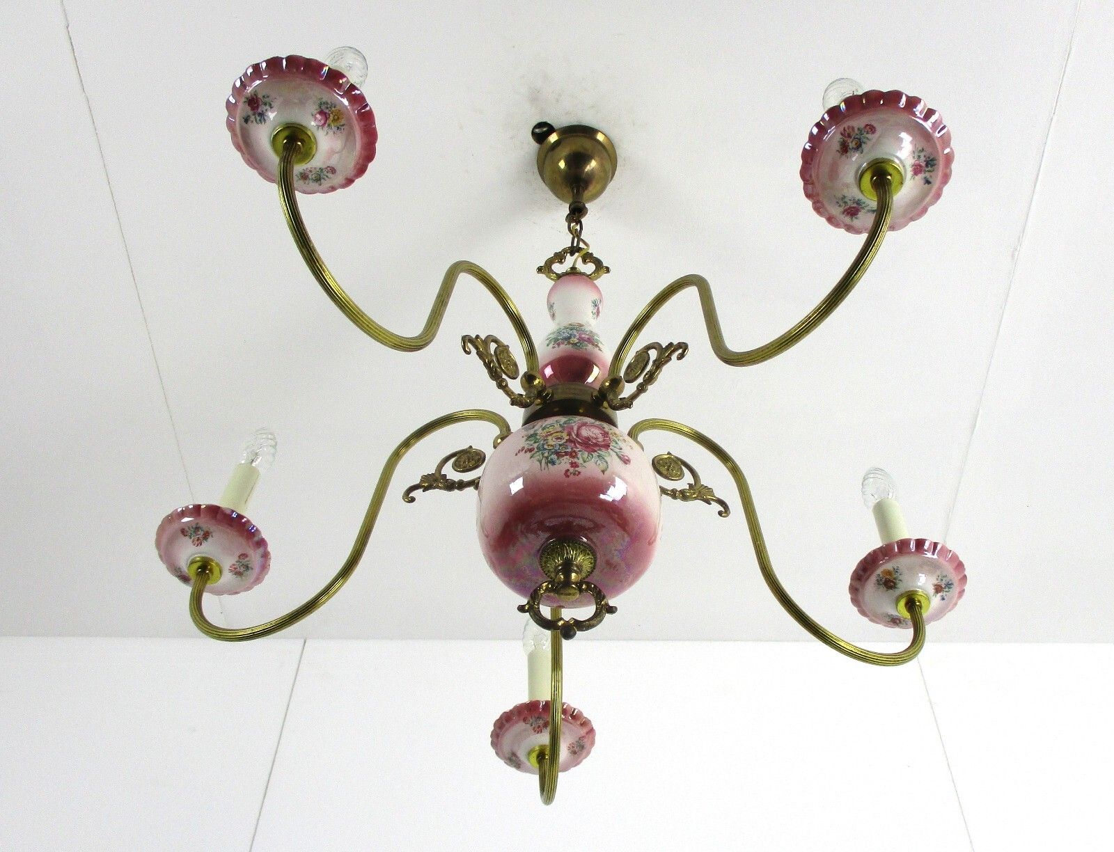 Chandelier 5 Arms Lights Ceramic Porcelain Ceramic Brass Italian Pink  Flowers photo 427.0