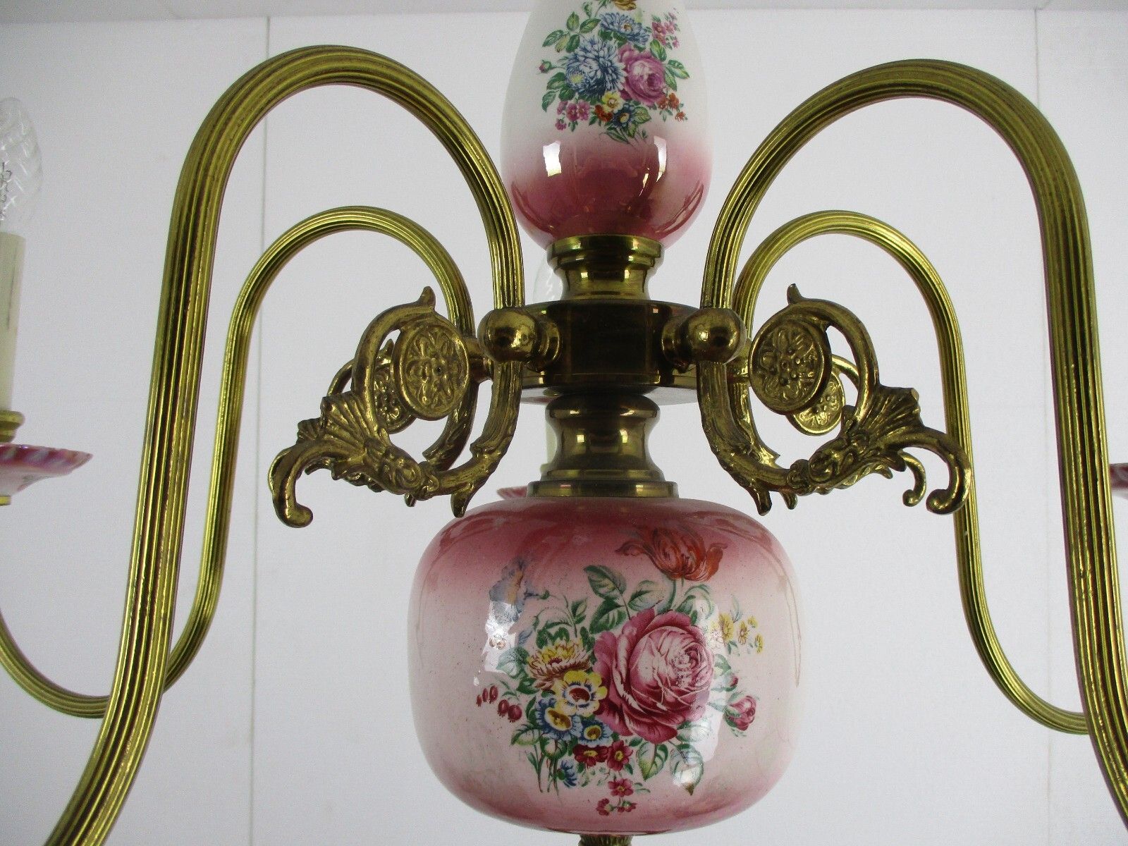 Chandelier 5 Arms Lights Ceramic Porcelain Ceramic Brass Italian Pink  Flowers photo vinterior