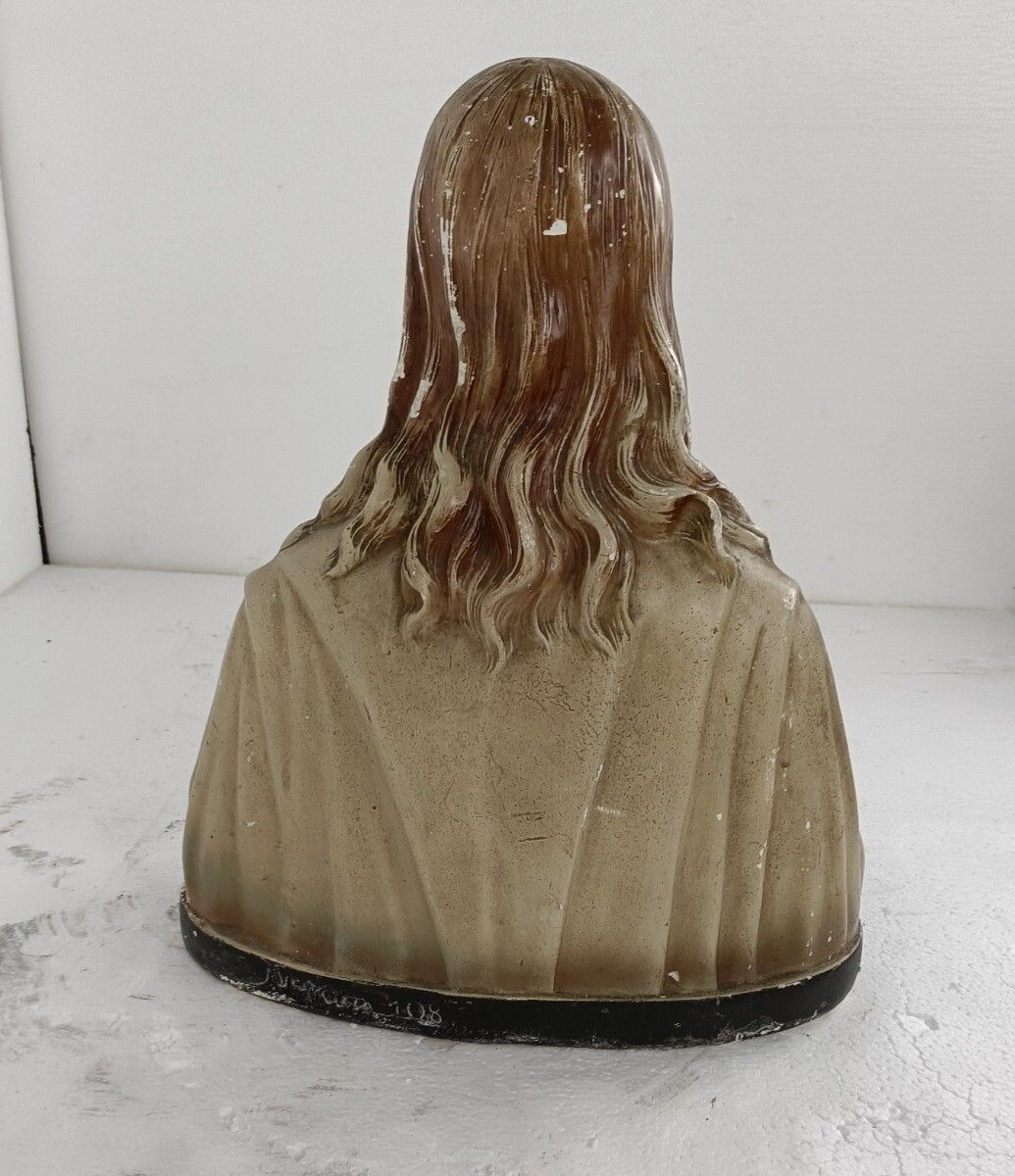 Antique Plaster French Bust Jesus Christ Statue Sacred Heart Art Deco Polychrome photo vintage