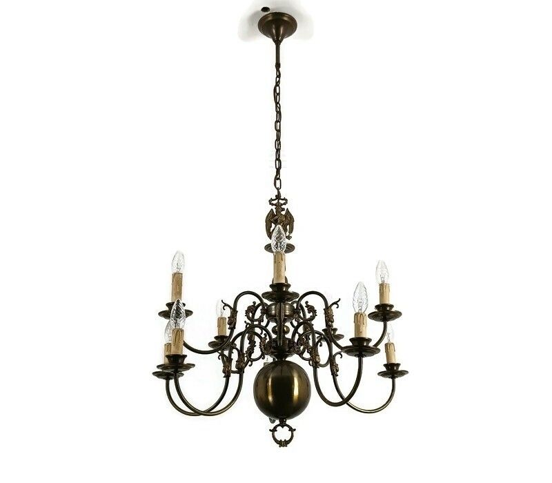 Double Flemish Dutch Chandelier Brass 10 Lights Fish Farmhouse Barn Style Vintag