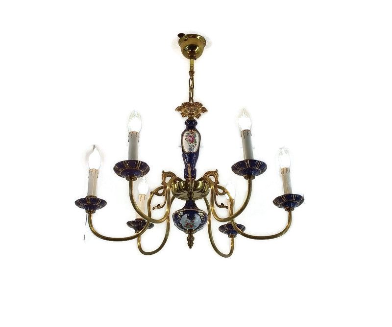 Italian Porcelain Chandelier Cobalt Blue Italy Vintage 6 Lights 6 Arm