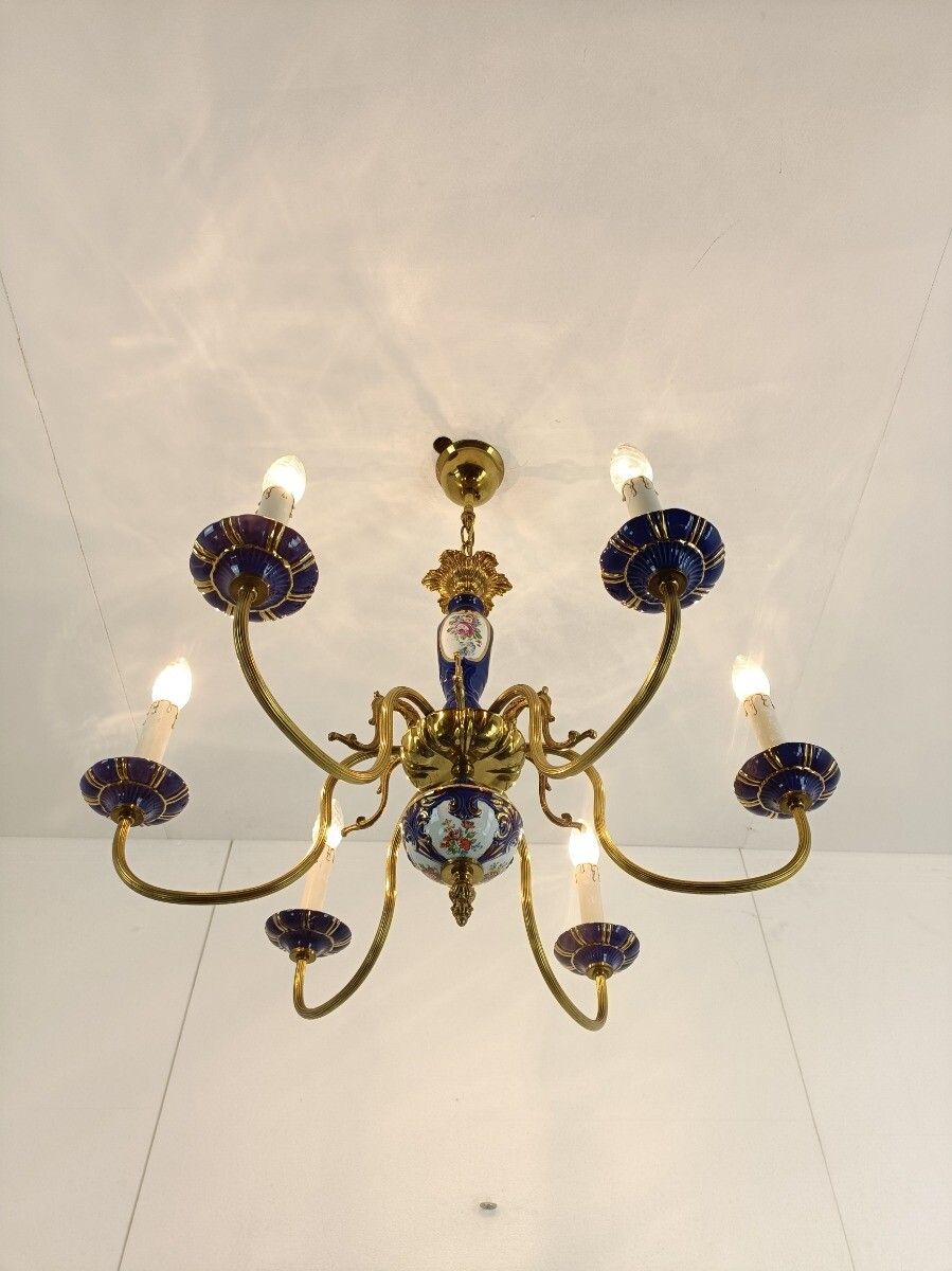 Italian Porcelain Chandelier Cobalt Blue Italy Vintage 6 Lights 6 Arm photo Lighting