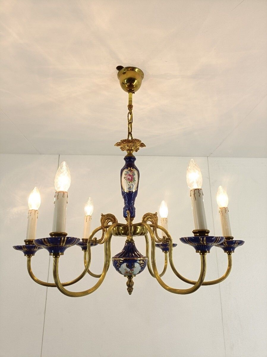 Italian Porcelain Chandelier Cobalt Blue Italy Vintage 6 Lights 6 Arm photo 364.0