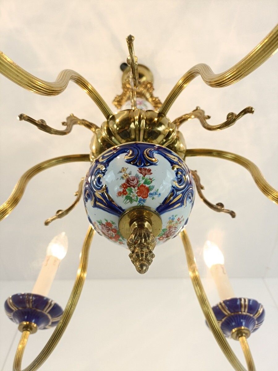 photo for sale Italian Porcelain Chandelier Cobalt Blue Italy Vintage 6 Lights 6 Arm