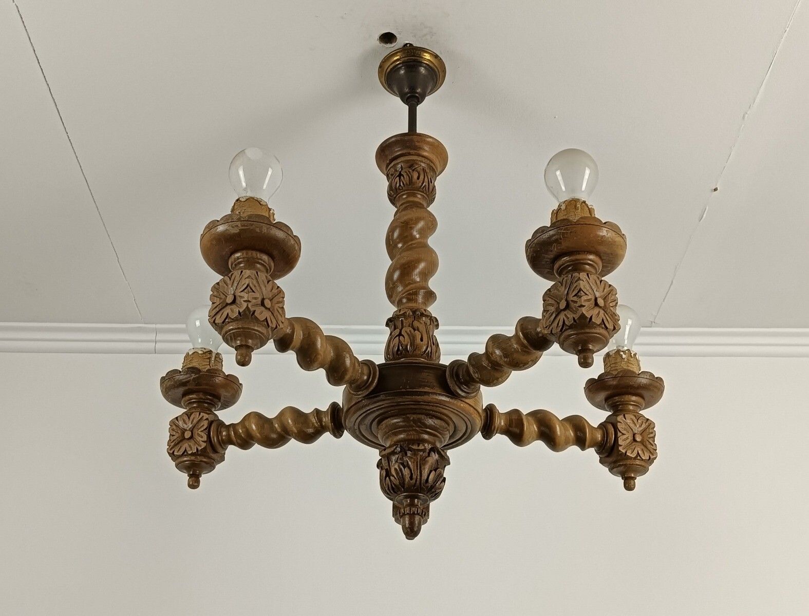 Barley Twist Carved Wooden Wood Chandelier Ornate Gorgeous 6 Lights Arm Farmhous photo buy
