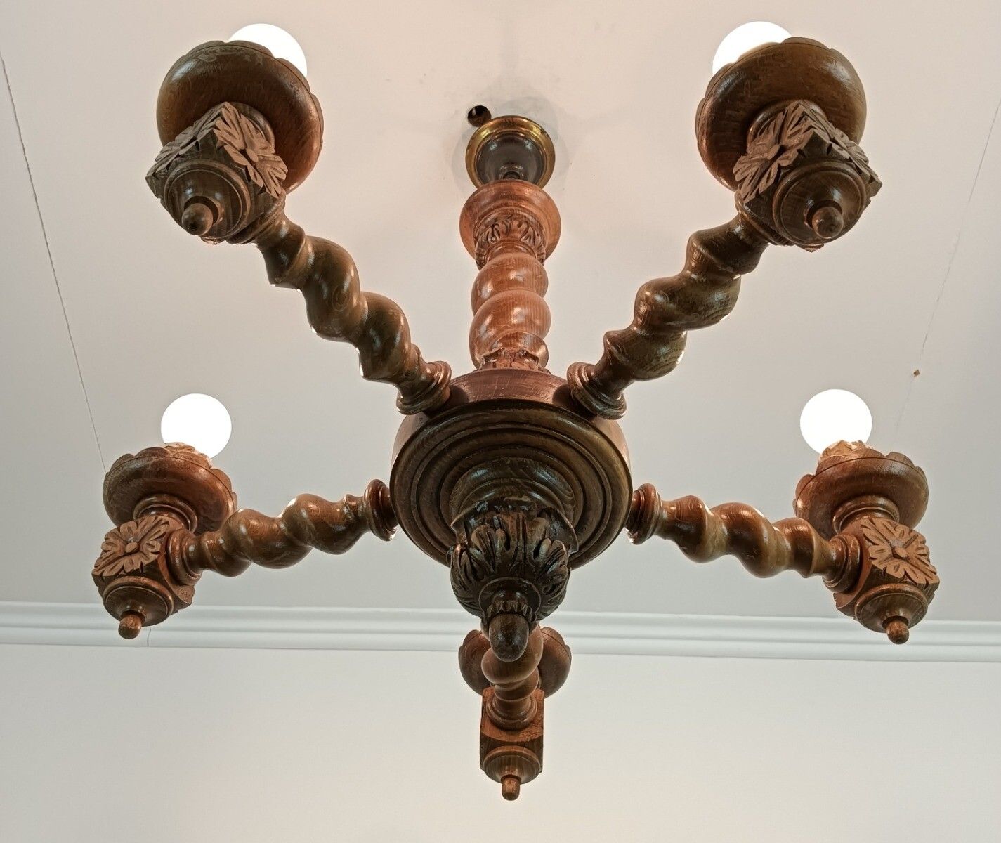 Barley Twist Carved Wooden Wood Chandelier Ornate Gorgeous 6 Lights Arm Farmhous photo vintage