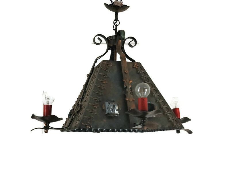 Chandelier Pendant Funky Gothic Style Metal Shade Brass Look 5 Lights