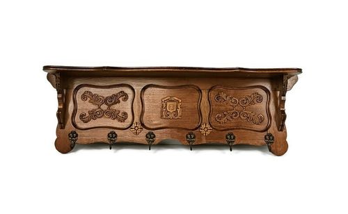 Large Carved Wooden Coat Hat Rack Antique Ornate Flower Pattern Hallway Farmhous