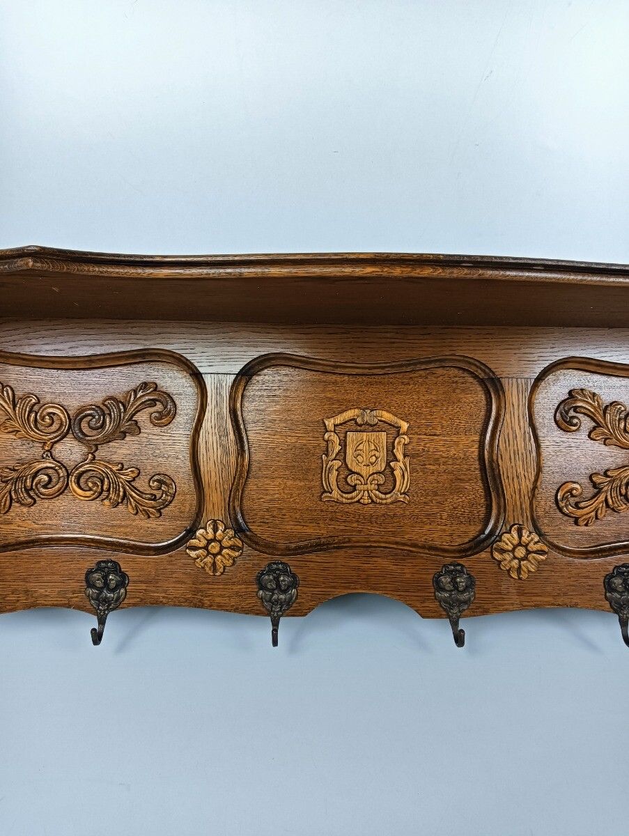 Large Carved Wooden Coat Hat Rack Antique Ornate Flower Pattern Hallway Farmhous photo vinterior
