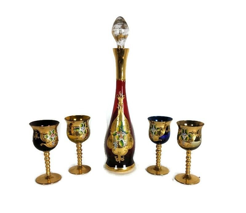 Liquor Set Bottle 4 Glasses Vintage Venetian Glass Tre Fuochi Ruby Red Italian I