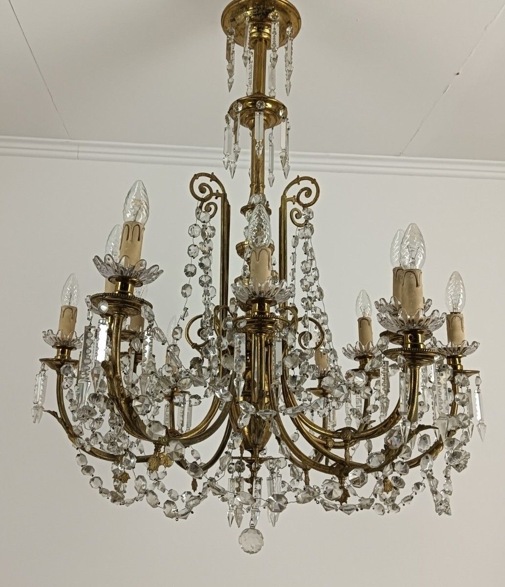 French Antique Chandelier Bronze Dore With Prisms And Bobeches From Portieux 19t photo vintage