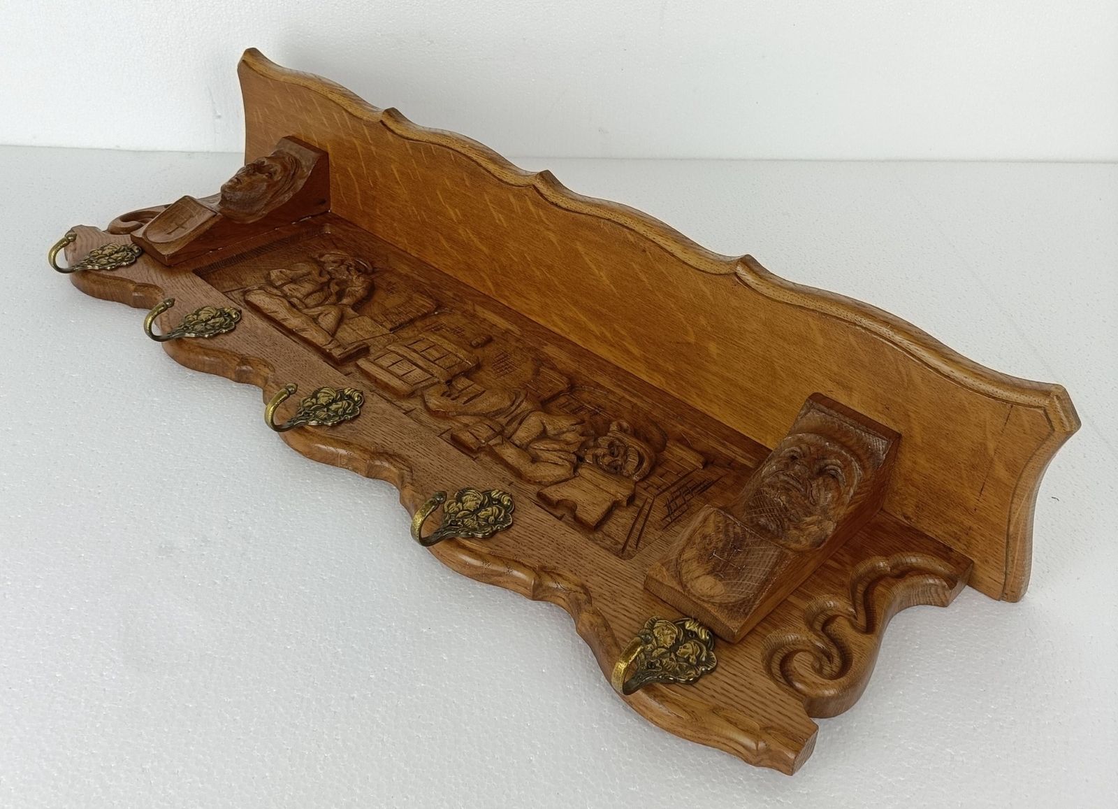 Gorgeous Hand Carved Wood Oak Coat Hat Rack Breughel Style Figurine Heads Antiqu photo 404.0